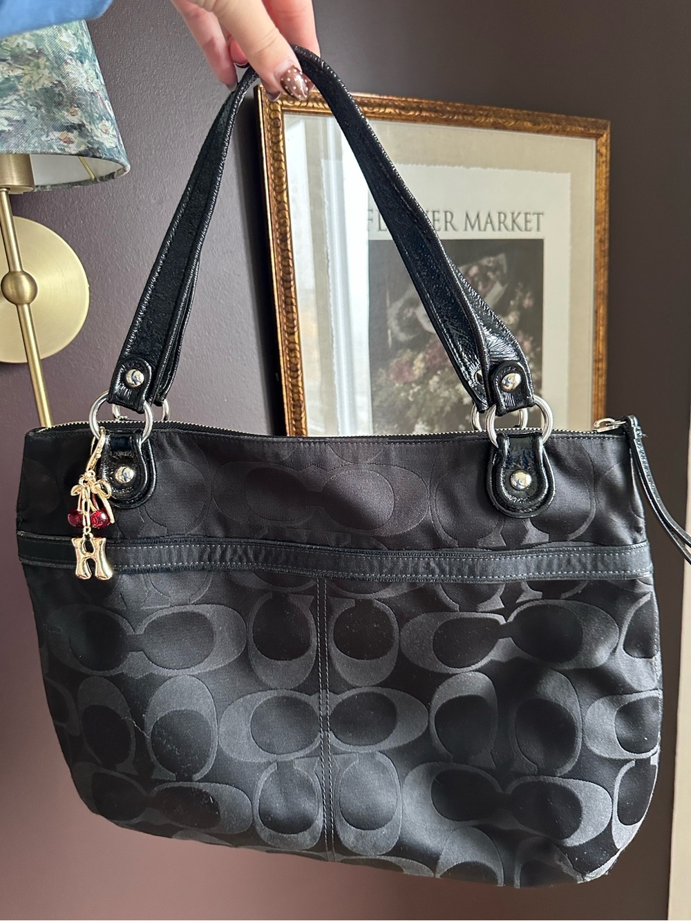 Coach Black Signature C Tote Shoulder Bag Blue Interior